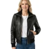 Black Leather Bomber Jacket For Women's