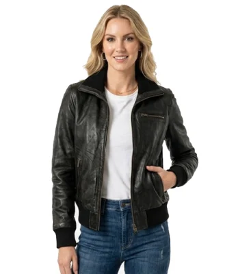 Black Leather Bomber Jacket For Women's