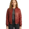 Red Bomber Leather Jacket For Womens