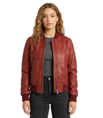 Red Bomber Leather Jacket For Womens
