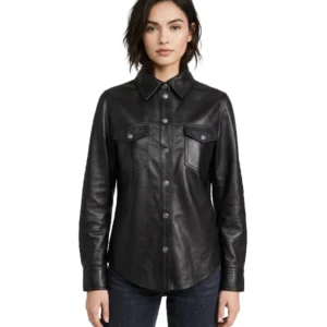 Leather Hood Polo Black Leather Shirt For Women
