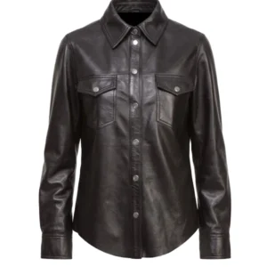 Womens Black Leather Shirt Leather Hood Polo