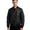 Black Bomber Leather Jacket For Mens