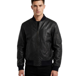 Black Bomber Leather Jacket For Mens