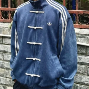 Unisex Chinese Tang New Year Suede Leather Blue Jacket