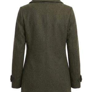 Women's Olive Green Double Breasted Coat Leather Hood Polo
