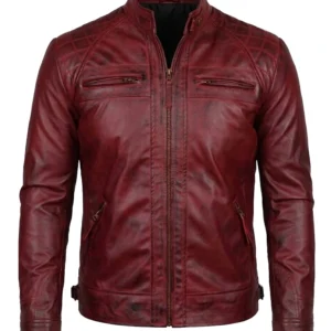 Leather Hood Polo Biker Red Zip-up Leather Jacket For Men's