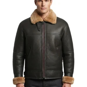 Leather Hood Polo Black Shearling Sheepskin Aviator B3 Leather Jacket for Mens