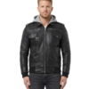 Men’s Black Bomber Leather Jacket with Grey Hood