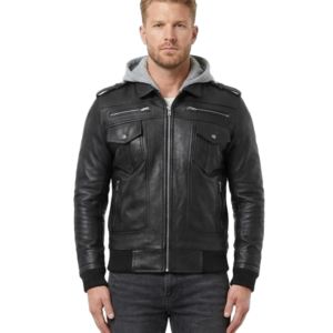 Men’s Black Bomber Leather Jacket with Grey Hood