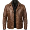 Leather Hood Polo Brown Distressed Leather Jacket For Men's