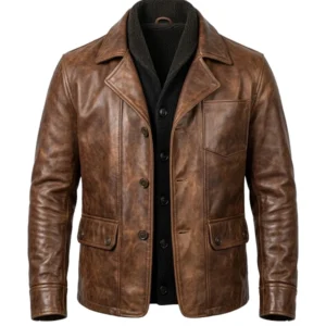 Leather Hood Polo Brown Distressed Leather Jacket For Men's