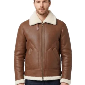 Leather Hood Polo Brown Lambskin Shearling Leather Jacket For Men's