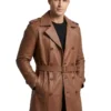 Brown Double Breasted Brown Leather Long Coat