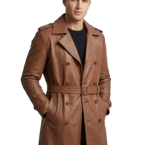 Brown Double Breasted Brown Leather Long Coat