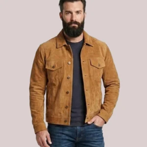 Mens Shirt Style Suede Leather Jacket Brown