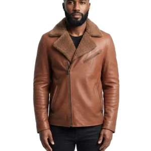 Leather Hood Polo Classic Brown Leather Shearling Jacket For Mens