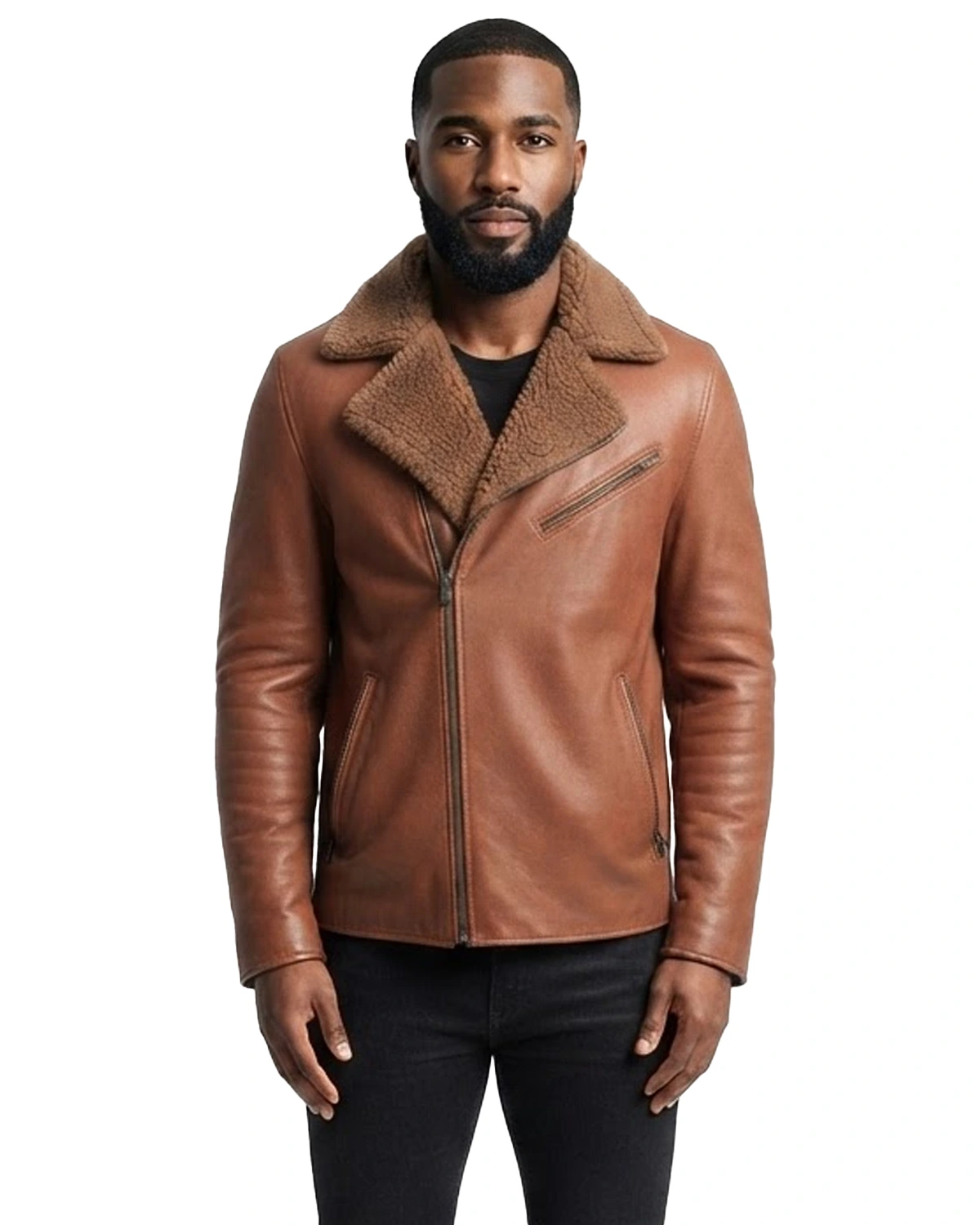Leather Hood Polo Classic Brown Leather Shearling Jacket For Mens