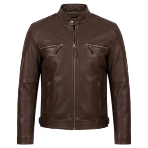 Leather Hood Polo Dark Brown Biker Leather Jacket For Mens