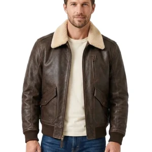 Men’s Dark Brown Shearling Collar Genuine Leather Bomber Jacket