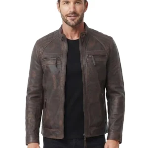 Leather Hood Polo Quilted Shoulder Distressed Leather Jacket For Mens
