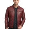 Leather Hood Polo Motorcycle Red Zip-up Leather Jacket For Men's