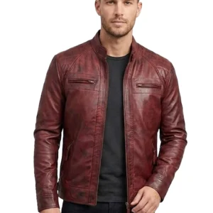 Leather Hood Polo Motorcycle Red Zip-up Leather Jacket For Men's