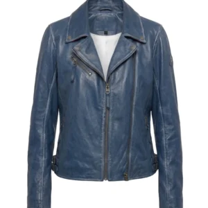 Leather Hood Polo Blue Biker Leather Jacket For Women's