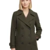 Leather Hood Polo Women's Double Breasted Olive Green Wool Coat