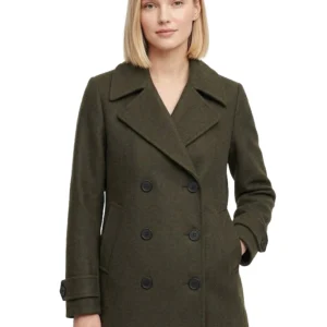 Leather Hood Polo Women's Double Breasted Olive Green Wool Coat