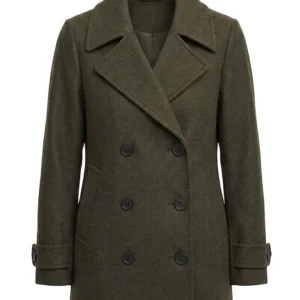 Leather Hood Polo Women's Olive Green Double Breasted Wool Coat