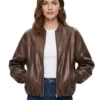 Women’s Drop Shoulder Oversized Brown Faux Leather Bomber Jacket