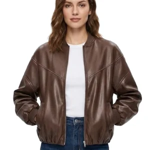 Women’s Drop Shoulder Oversized Brown Faux Leather Bomber Jacket